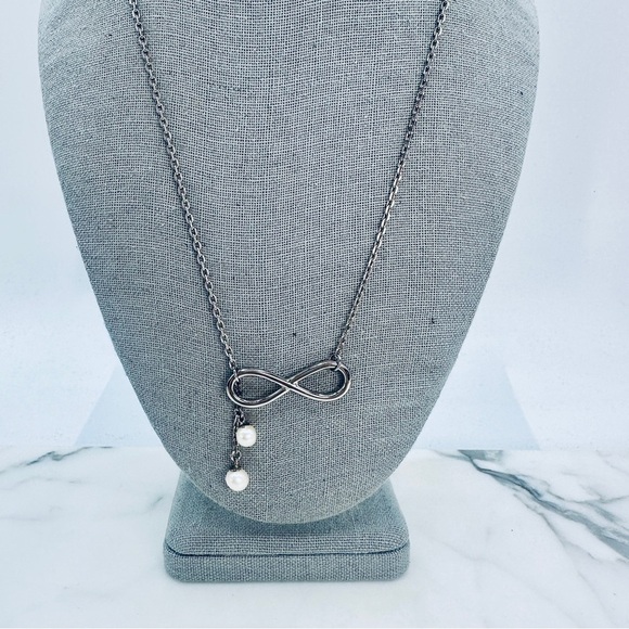 Vantel Pearls Infiniti Necklace Freshwater Pearl Dangle In Silver 18” + Signed - Picture 3 of 9